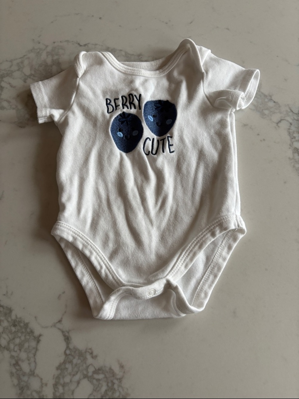 White 'Berry Cute' Baby One-Piece Bodysuit with Navy Blueberry’s